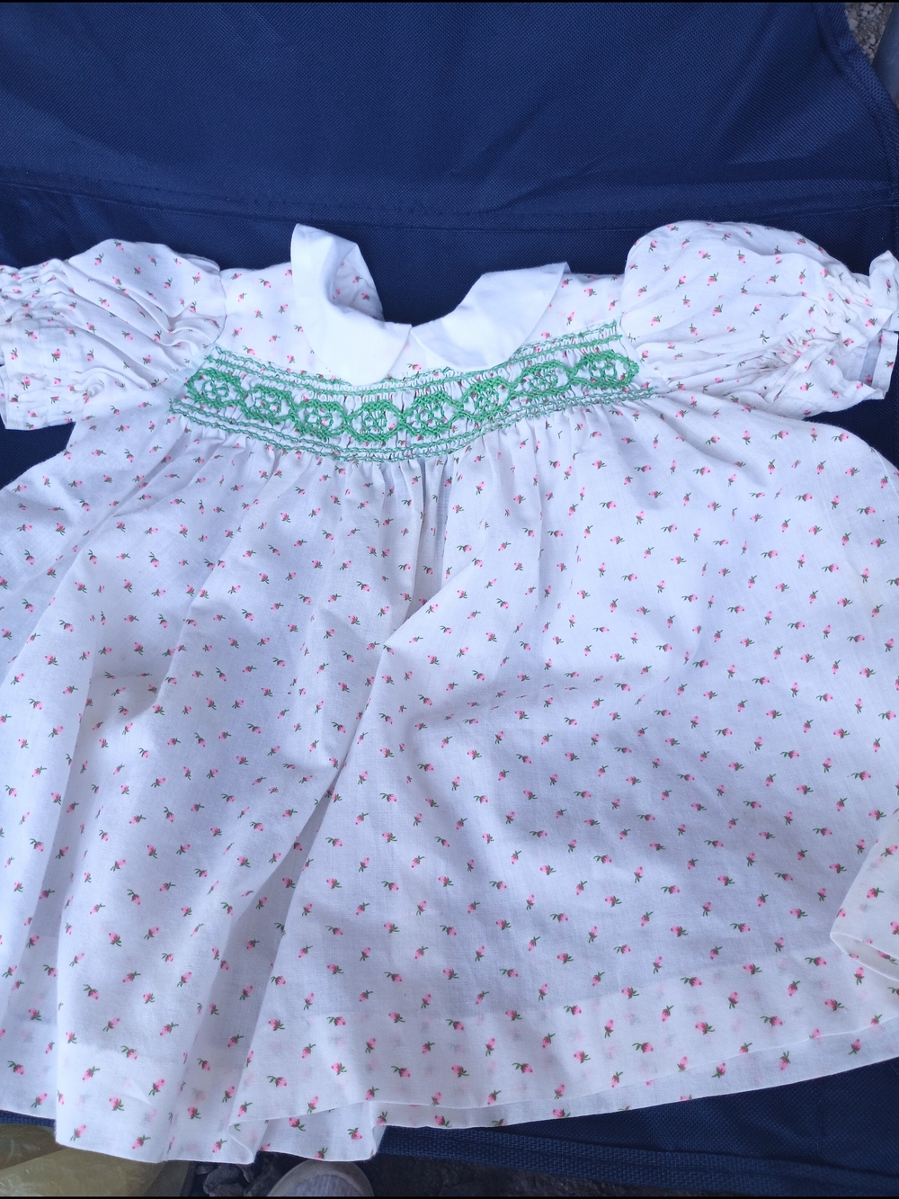 Girls White Floral Dress with Pink Print and Green Smocking